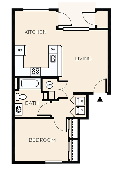 Floor plan for 1 bed, 1 bath, 652 sqft